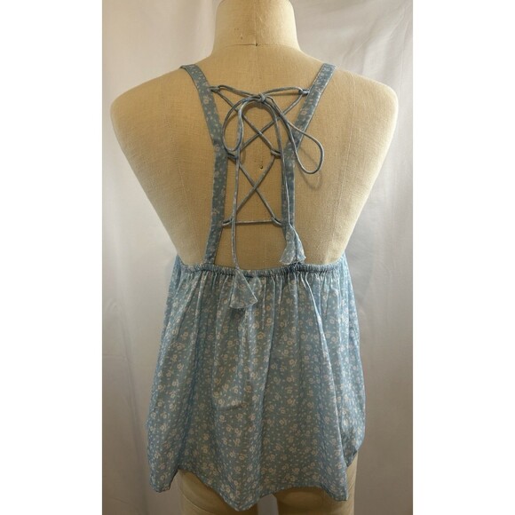 Anthro Peasant Blouse Top by Nikasha V-Neck Blue White Floral Straps NWT Size XS - Picture 5 of 9